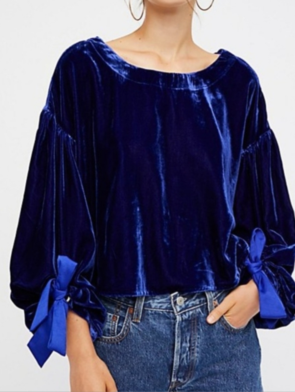 Free People Gimme Some Lovin' Royal Blue Velvet Top w/Bow Accents at Cuff Sz. L